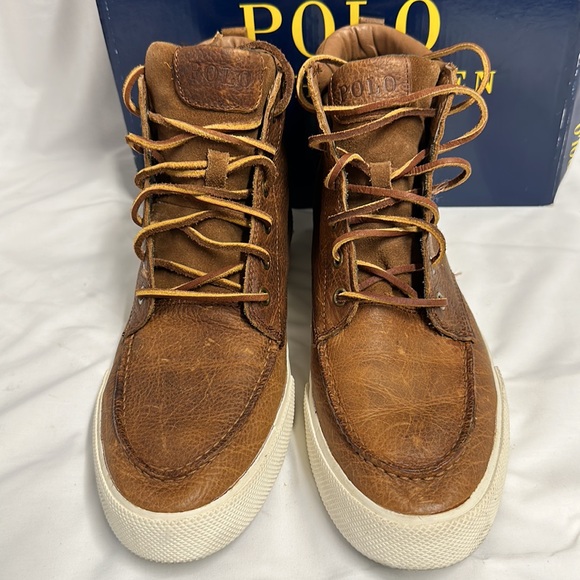 Polo Ralph Lauren Men’s TEDD High Top Leather Sneaker Brown Size 9.5 - Picture 6 of 7